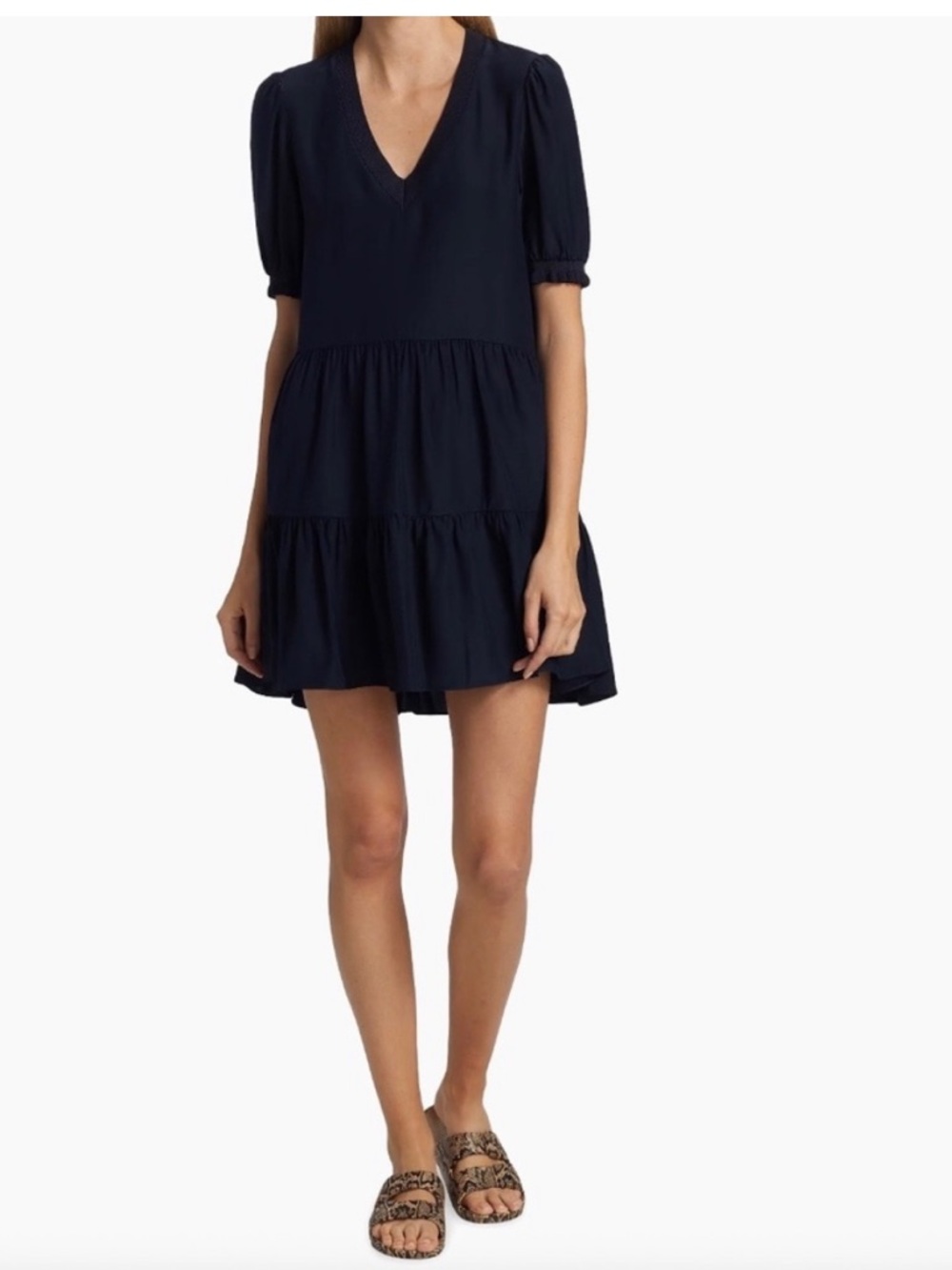 cinq a sept Navy V-Neck Tiered Puff-Sleeve Dress